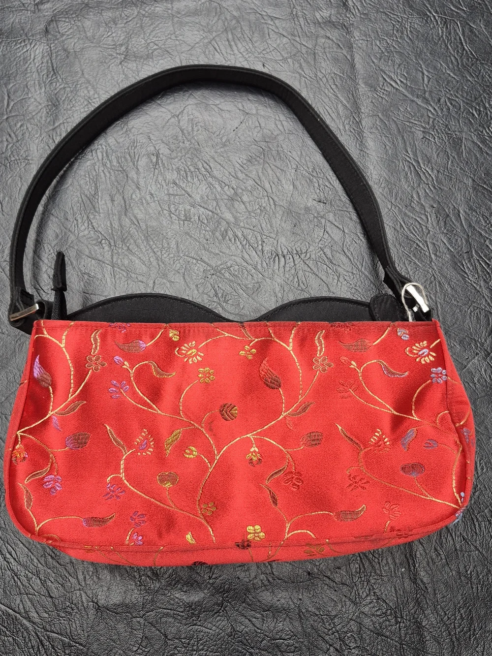 Red Floral Satin Shoulder Bag - Unbranded